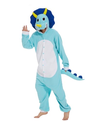 Laahoem Tier Triceratops Pyjamas Unisex Erwachsene Kapuze Männer Frauen Overall Kostüm Cosplay Nachtwäsche Blau M von Laahoem