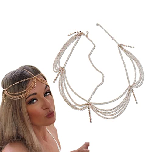 Labstandard Braut Kopfkette Hochzeit Haarschmuck Quaste Mehrschichtige Strass Kette Bauchtanz Schmuck Gold Kopfschmuck Kostüm Zubehör Festival Haarschmuck für Damen und Mädchen von Labstandard