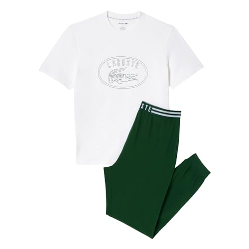 Lacoste Herren Schlafanzug Nachtwäsche Pyjama-Set mit Kontrast-Logo, Farbe:Mehrfarbig, Größe:S, Artikel:-737 White/Green von Lacoste