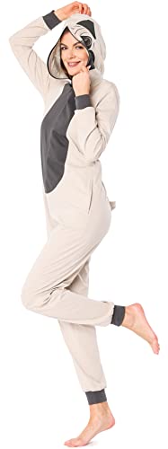 Ladeheid Damen Schlafoverall Tierkostüm aus Baumwolle Jumpsuit bunt Tiermotiv Verkleidung Schlafanzug Einteiler mit Kapuze LA40-234 (Beige Mops, L) von Ladeheid