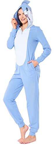 Ladeheid Damen Schlafoverall Tierkostüm aus Baumwolle Jumpsuit bunt Tiermotiv Verkleidung Schlafanzug Einteiler mit Kapuze LA40-234 (Blau Hai, S) von Ladeheid