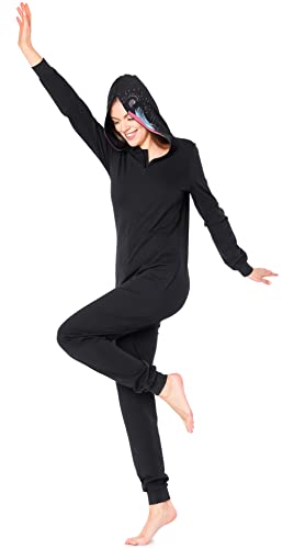 Ladeheid Damen Schlafoverall Tierkostüm aus Baumwolle Jumpsuit bunt Tiermotiv Verkleidung Schlafanzug Einteiler mit Kapuze LA40-234 (Schwarz Pavian, XL) von Ladeheid