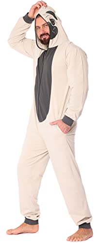 Ladeheid Herren Schlafoverall Tierkostüm aus Baumwolle Jumpsuit bunt Tiermotiv Verkleidung Schlafanzug Einteiler mit Kapuze LA40-235 (Beige Mops, 3XL) von Ladeheid