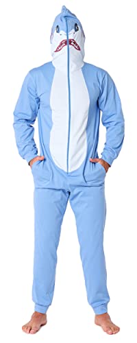 Ladeheid Herren Schlafoverall Tierkostüm aus Baumwolle Jumpsuit bunt Tiermotiv Verkleidung Schlafanzug Einteiler mit Kapuze LA40-235 (Blau Hai, M) von Ladeheid