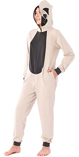 Ladeheid Mädchen Teenager Schlafoverall aus Baumwolle Tierkostüm Jumpsuit bunt Tiermotiv Verkleidung mit Kapuze LA40-233 (Beige Mops, 164) von Ladeheid