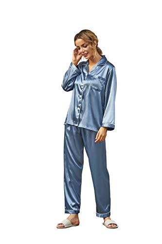 Satin Damen Schlafanzug, Pyjamas Satin mit Knopfleiste Schlafanzug Lange Ärmel Sleepwear Zweiteiliger PJ Set Nachtwäsche Hausanzug, Gray/Blue, XL von Ladieshow