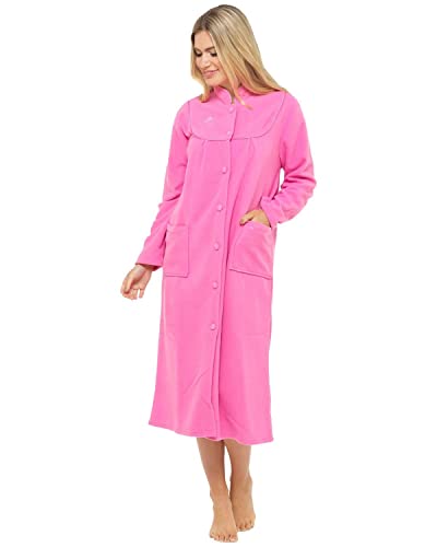 Damen-Bademantel aus Fleece, Größen 38 bis 54, mit Knöpfen vorne, rose, Medium von Lady Olga