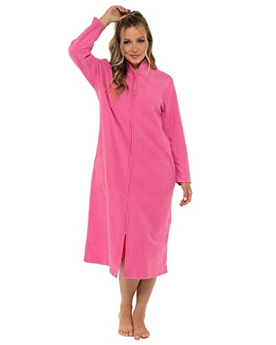 Damen Bademantel aus weichem Fleece, lang, Größen 38 bis 52, Reißverschluss vorne, rose, 46 von Lady Olga