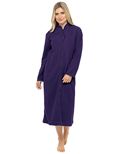 Damen Bademantel aus weichem Fleece, lang, Größen 38 bis 52, Reißverschluss vorne, violett, 42 von Lady Olga