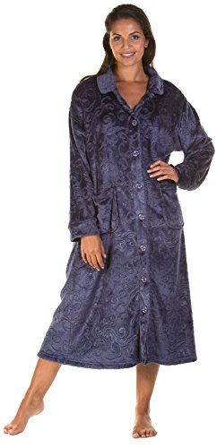 Lady Olga Fleece-Nachtwäsche in 3 Stilen, Bademantel, Morgenmantel oder Bettjacke, mit Reißverschluss und Knöpfen Gr. 46/48 DE, Marineblau - Button von Lady Olga