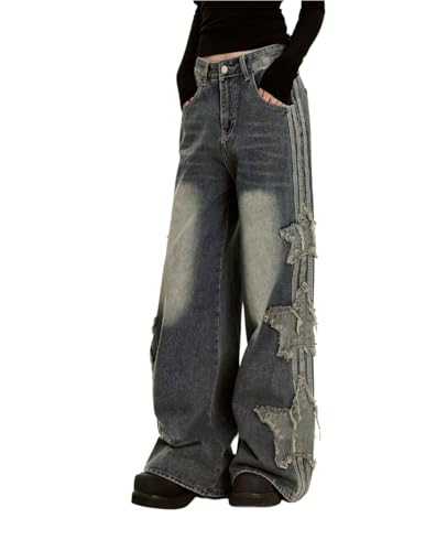 Lafaguw Baggy-Jeans für Damen und Mädchen, Sternen-Patchwork, hohe Taille, süße Jeans, Y2K, Streetwear, lockere Hose, Grunge Emo-Kleidung, Blau, X-Klein Lafaguw Baggy-Jeans für Damen und Mädchen, Sternen-Patchwork, hohe Taille, süße Jeans, Y2K, Streetwear, lockere Hose, Grunge Emo-Kleidung, Blau, X-Klein von Lafaguw