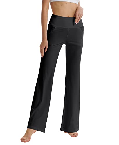 LaiEr Damen Bootcut Yogahose mit Taschen, hohe Taille, ausgestelltes Bootleg Yoga Workout Hose mit Seitentaschen, Schwarz,XS von LaiEr