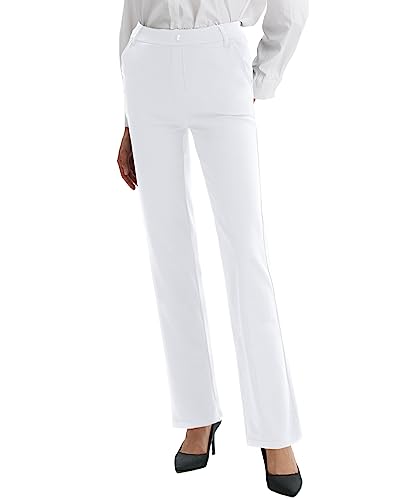 LaiEr Damen Kleid Hosen Gürtel Schleifen Stretch Arbeit Hosen Business Casual Gerade Bein Yoga Bootcut Hosen mit Taschen (White,Medium) von LaiEr