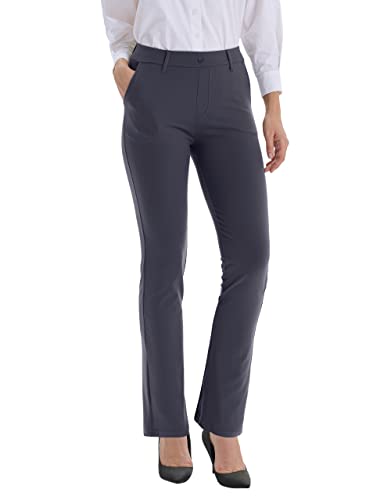 LaiEr Damen Kleiderhosen Gürtel Schleifen Stretch Arbeit Hosen Business Casual Gerade Bein Yoga Bootcut Hosen mit Taschen(Dark Grey,Large) von LaiEr