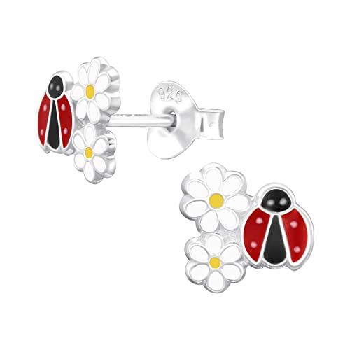 Laimons Kinder Mädchen-Ohrstecker Ohrringe Marienkäfer Rot Schwarz mit Gänseblume Blüte Glücksbringer Sterling Silber 925 von Laimons