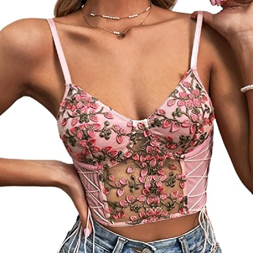 Lamala Floral Embroidered Bustier Top Spaghetti Strap Cami Crop Top For Women Vintage Bustier Corset Top Mesh Cami Bodysuit floral embroidered bustier top, rose, M von Lamala