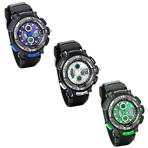 Lancardo 3PCS Herren Armbanduhr, Digitales Quarzwerk Sportuhr Multifunktionale Dual Time,Rubber Band, Kautschuk Legierung, Silber Schwarz Blau Grün von Lancardo