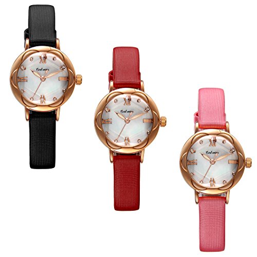 Lancardo 3pcs Damen Armbanduhr, Fashion elegant Casual Analog Quarz Uhr, Rosegold Legierung Schale, römische Strass Ziffern Zifferblatt Design mit Luminous Zeiger, Leder Armband, schwarz rot pink von Lancardo