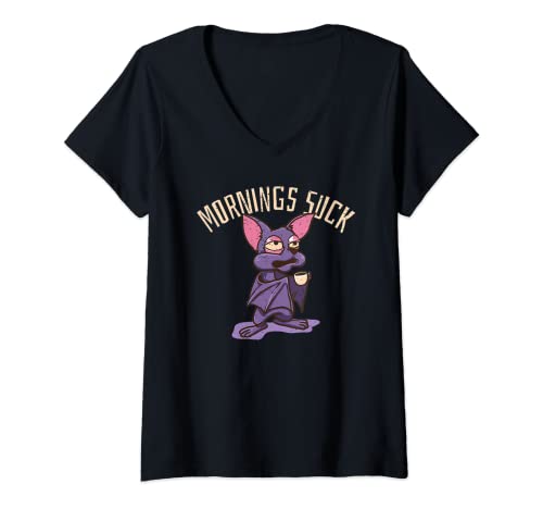 Damen Mornings Suck Fledermaus Kaffee, Halloween Grusel Geschenk T-Shirt mit V-Ausschnitt von Langschläfer Fledermaus Morgenmuffel Morning Suck