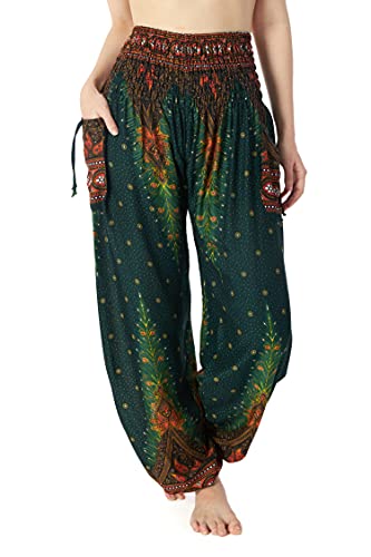 Lannaclothesdesign Damen Gesmokte Taille Boho Flowy Yoga Haremshose Hippie Kleidung, Grüner Pfau 2, Groß von Lannaclothesdesign