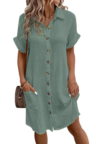 Lanomi Blusenkleid Damen Baumwolle Hemdkleid Kurzarm Einfarbige Knopfverschluss Knielang Shirtkleid Locker Maxikleider mit Taschen Grün L Lanomi Blusenkleid Damen Baumwolle Hemdkleid Kurzarm Einfarbige Knopfverschluss Knielang Shirtkleid Locker Maxikleider mit Taschen Grün L von Lanomi