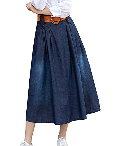 Jeansrock Damen A Linie Lang Hohe Taille Elegant Vintage Sommerrock Große Größen (Mit Gürtel) DunkelblauWU 5XL von LaoZanA