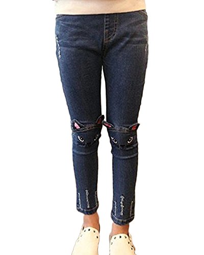 Mädchen Jeans Kinder Hose Legging Stretch Röhrenjeans Jeanshose Katzenmuster Skinny Treggings Katze 150 von LaoZanA