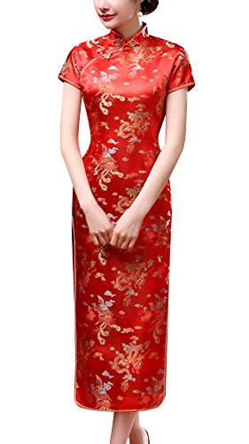 Laogudai Damen Kleid Chinesisch Etuikleider Kurzärmelig Cheongsam Front Slit Qipao Traditionale Langkleid Abendkleider Partykleider Rot-XL von Laogudai