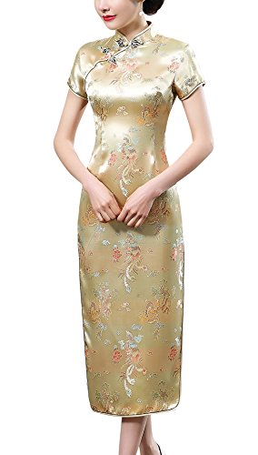 Laogudai Damen Kleid Chinesisch Etuikleider Traditional Cheongsam Kurzärmelig Qipao Brokat Langkleid Abendkleider Partykleider Gold-2XL von Laogudai