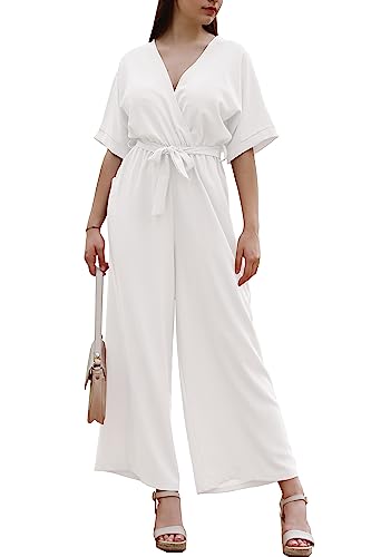 Laphilo Damen Langer V-Ausschnitt Weites Bein Jumpsuit mit Lässig Elegantem Sommer Gürtel cod.7213 (M, Weiß) von Laphilo