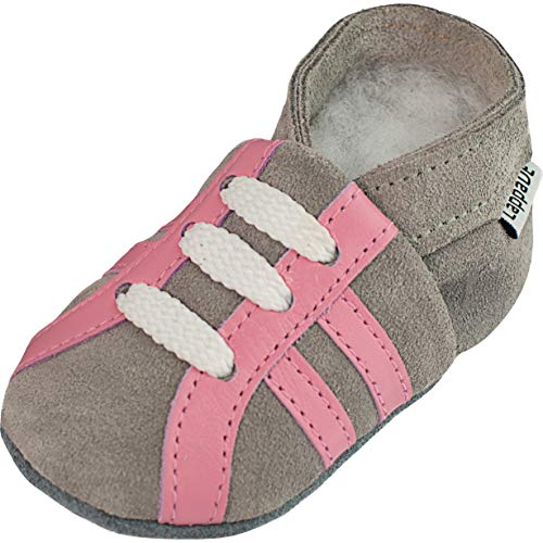 Lappade Sport grau rosa Wildleder Mädchen Lederpuschen Hausschuhe Krabbelschuhe Baby Lauflernschuhe mit Ledersohle (Gr. 23/24 EU XL, Art. 116) von Lappade