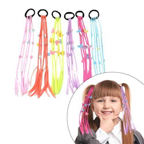 6 Stück Bunte Haarverlängerungen Kinder, Bunte Haarsträhnen Braids mit Schmetterling, Blumendekoration Mädchen Haar Geflochtene mit Elastischem Seilband Bunte Haar-Accessoires für Party, Auftritt von Larfraecy