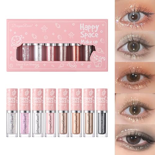 8 Stück Diamant Glitter Lidschatten Glitzer, Flüssiger Metallic Lidschatten Schimmer Augen Make-Up Set für Mädchen, Frauen Starry Pailletten Eyeshadow Eyeliner Langlebig Lidschatten Hervorhebung Set von Larfraecy