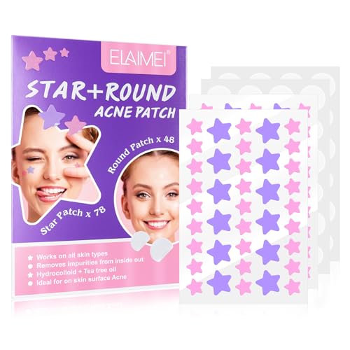 Pimple Patches156 Stück Niedlicher Sterne und Runde Akne-Pickelpflaster,Hydrokolloid Pickelpflaster,Pimple Patch Akne Patch für Behandlung Aknepflege (Lila,Rosa) von Larfraecy