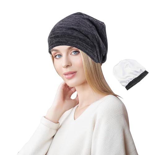 Wickelhaube zum Schlafen,Satin haarhaube,Seide Haarwickel zum Schlafen,Satin Lined Beanie,Satin Bonnet,Schlaf-Turban Haarhaube für lockiges Haar for Women and Men (schwarz) von Larfraecy