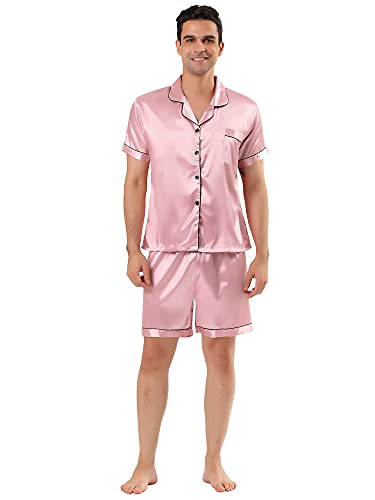 Lars Amadeus Herren Nachtwäsche Kurzarm Top und Hose Summer Sleepwears Satin Pyjama Sets Rosa XL von Lars Amadeus