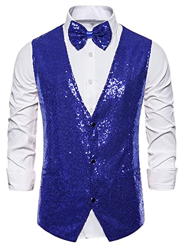 Lars Amadeus Herren Pailletten Glänzende Slim Fit Weste Ärmellos Anzug Weste Set mit Fliege, Blau, Small Lars Amadeus Herren Pailletten Glänzende Slim Fit Weste Ärmellos Anzug Weste Set mit Fliege, Blau, Small von Lars Amadeus