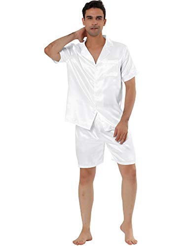 Lars Amadeus Herren Sommer Satin Pyjama Sets Kurzarm Nachtwäsche Sleepwears Sleep Lounge Sets Weiß L von Lars Amadeus