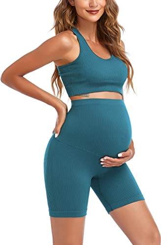 Damen Umstands-Outfit-Set, 2-teilig, BH und Shorts für die Schwangerschaft, Yoga, Workout, Lounge, Sets, Grün , XL von Lataly