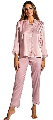 Laura Lily - 2-teiliges Damen-Pyjama-Set, Schlafanzug mit Knöpfen und Langen Hosen aus Satin, mit bestickter Spitze, weich, bequem, seidig und lässig. (Rosa, L 40), 1403 von Laura in