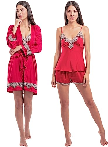 Laura Lily Damen-Pyjamas aus Satin, seidig, einfarbig, mit Spitze, 5-teiliges Set, rot, XS/S von Laura in