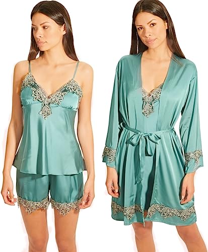 Laura in - Pyjama Damen Schlafanzug aus Satin Seidig einfarbig mit Spitze, 5-teiliges Set Kimono-Bademantel Top Nachthemd Shorts und Lange Hosen-Grün-M-1103 von Laura in