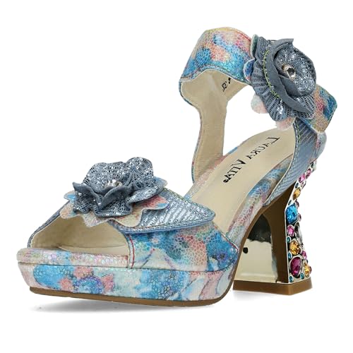 Laura Vita Damen Sandalette Blüte High Heel Klettverschluss Strass Hicao 624, Größe:39 EU, Farbe:Blau von Laura Vita