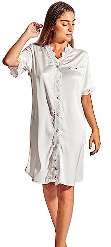 Laura in - Knielanges Pyjama Nachthemd aus Seide Satin für Damen mit Spitze, Schlafanzüge Nachtwäsche, Knopfleidung mit kurzen Ärmeln. L/XL1605 von Laura in