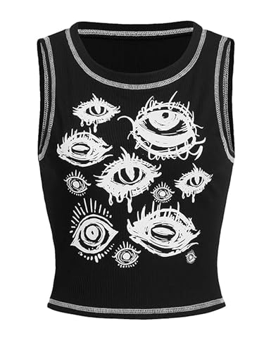 Lauweion Damen Goth Eye Print Tank Top Casual Slim Fit Rundhalsausschnitt Rippstrick Gothic Ärmellos Crop Top, Schwarz, Groß von Lauweion