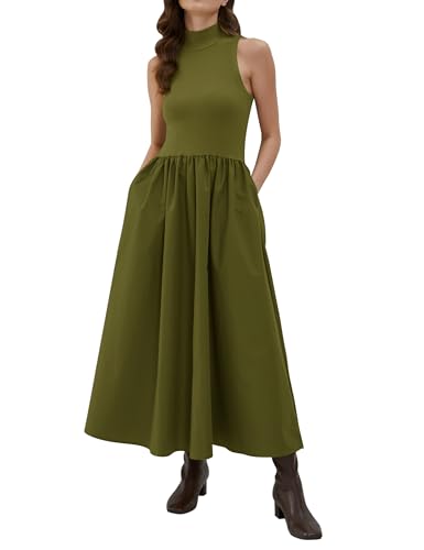 Lauweion Damen Mock Neck Sleeveless Swing Maxi Kleid Slim Fit 2023 Casual Semi Formal Flowy Knit Pullover Tank Kleid, Oliv/Blatt für mich (Leaf It to Me), Klein von Lauweion