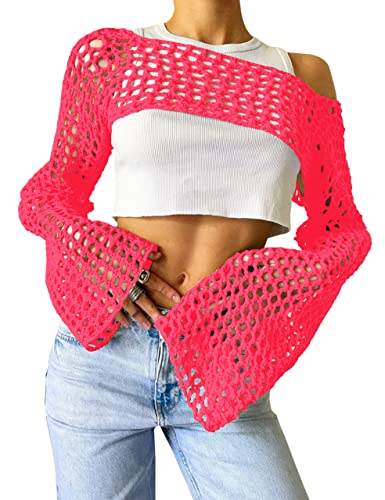 Lauweion Damen Sexy Hollow Out Crochet Strick Crop Top Grunge Y2K Fit Rückenfrei Lange Flare Ärmel Sweater Smock Top, neon pink, Klein von Lauweion