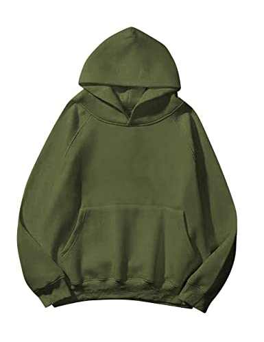 Lauweion Damen-Kapuzenpullover, einfarbig, Fleece, Buchstaben, lockerer Schnitt, Lange Ärmel, Kängurutasche, überschnittene Schultern, Armee-grün, 38 von Lauweion