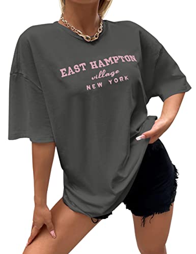 Lauweion Damen-T-Shirt mit Schultern, East Hampton-Buchstaben, Übergröße, Grafik, Baggy, trendiges T-Shirt, grau dunkel, Klein von Lauweion