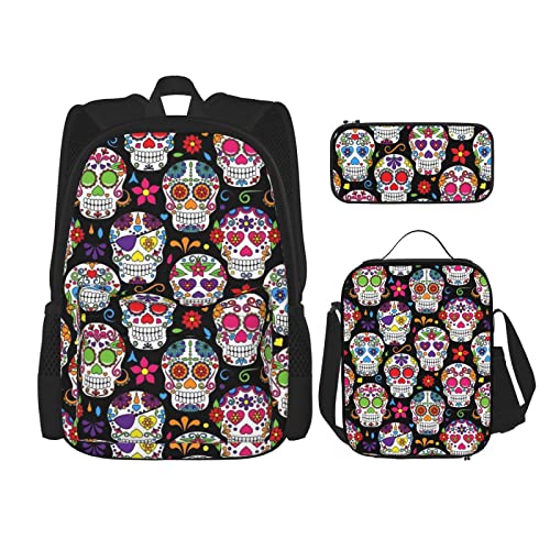 Lawenp Sugar Skulls Schulranzen-Set mit DREI Kreuz-Lunch-Beutel-Bleistift-Beutel-Set Schulranzen für Jungen und Mädchen Lawenp Sugar Skulls Schulranzen-Set mit DREI Kreuz-Lunch-Beutel-Bleistift-Beutel-Set Schulranzen für Jungen und Mädchen von Lawenp